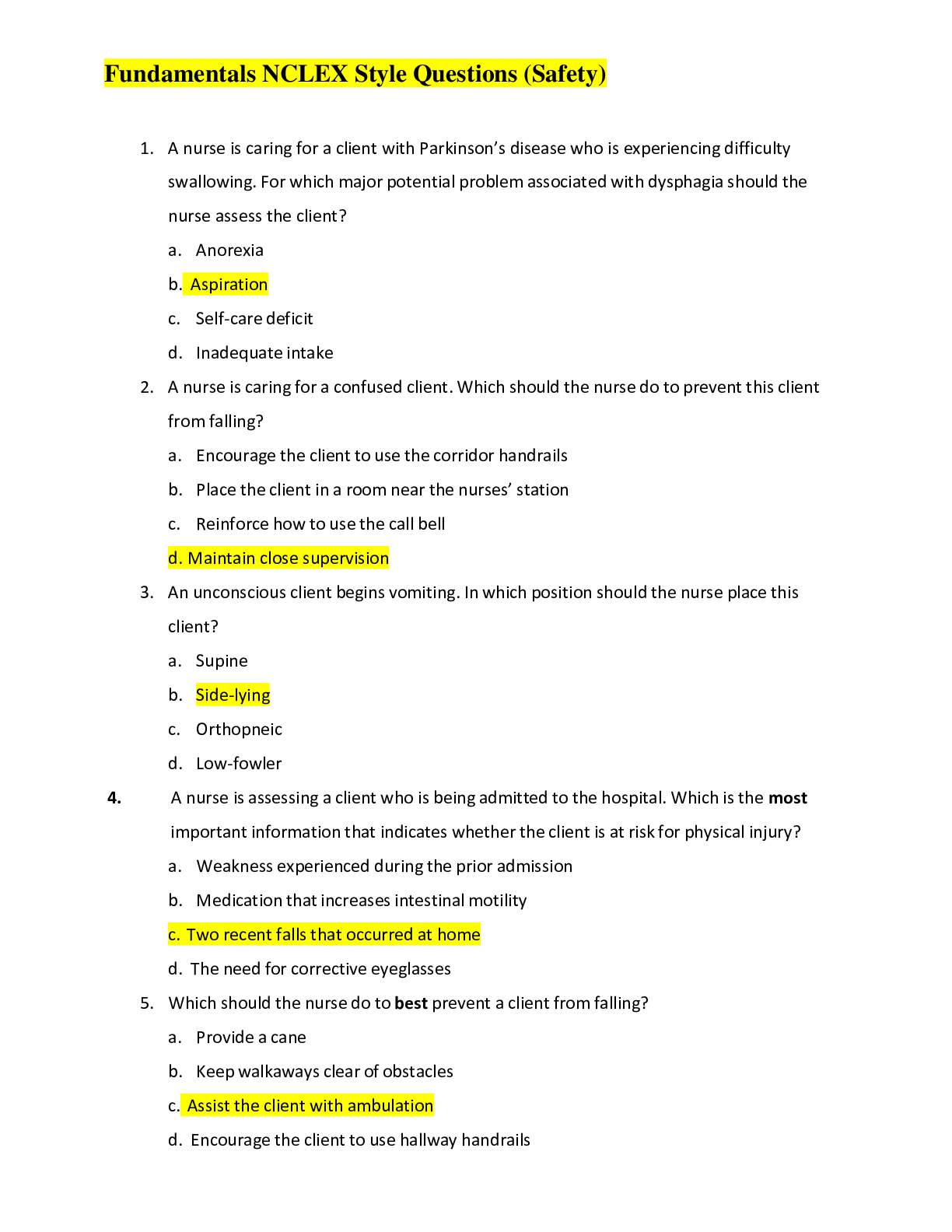 Preview image for (Answered) Fundamentals NCLEX Style Questions (Safety), MDC Week 6 NCLEX and answers_ 2021/22